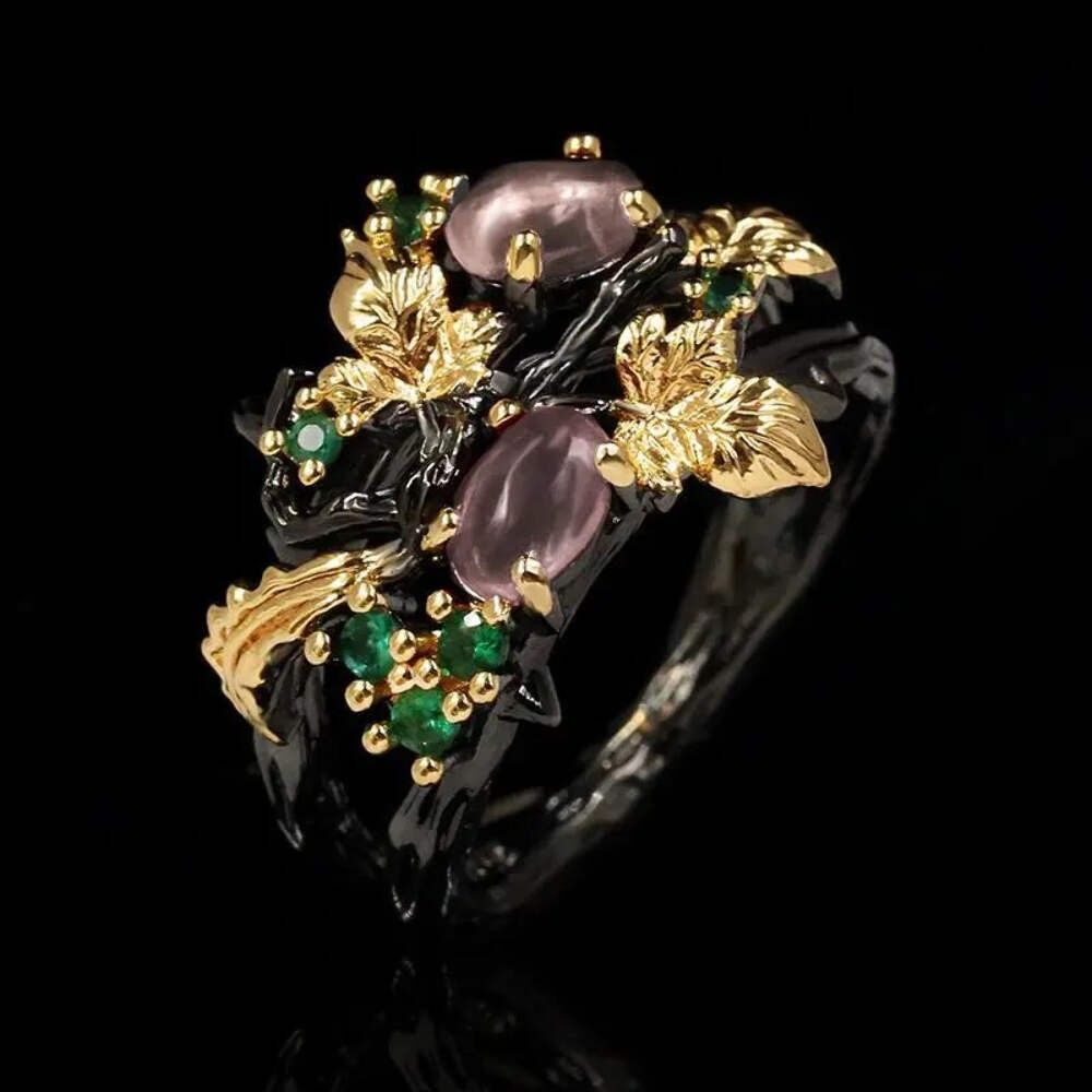 Nightfall Jewell Leaf Flower Ring | Black Gold & Green Zircon Women's Ring